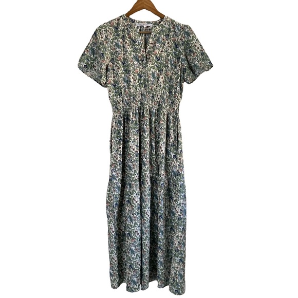 Flutter Sleeve Midi Length Tiered Skirt Dress Ditzy Dark Floral - Picture 1 of 8